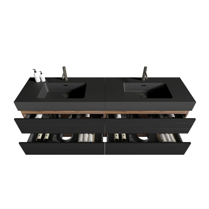 Meuble-lavabo moderne avec deux lavabos doubles de 72 pouces, tiroirs noirs doux, panneau de grille, épissage de couleur noyer, panneaux de qualité E1, laque à base d'eau E0, comptoir, lavabo en granit intégré, trop-plein