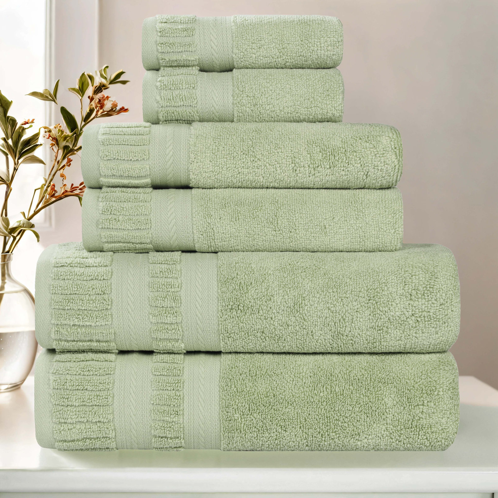 Zero-Twist Cotton Towel Set, 6 Piece Towel Set, Green