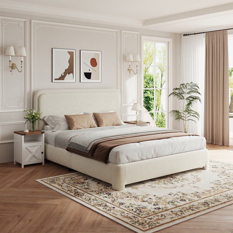 Ensemble de lit plateforme tapissier 3 pièces Bensu Boucle, Crème blanche, Double