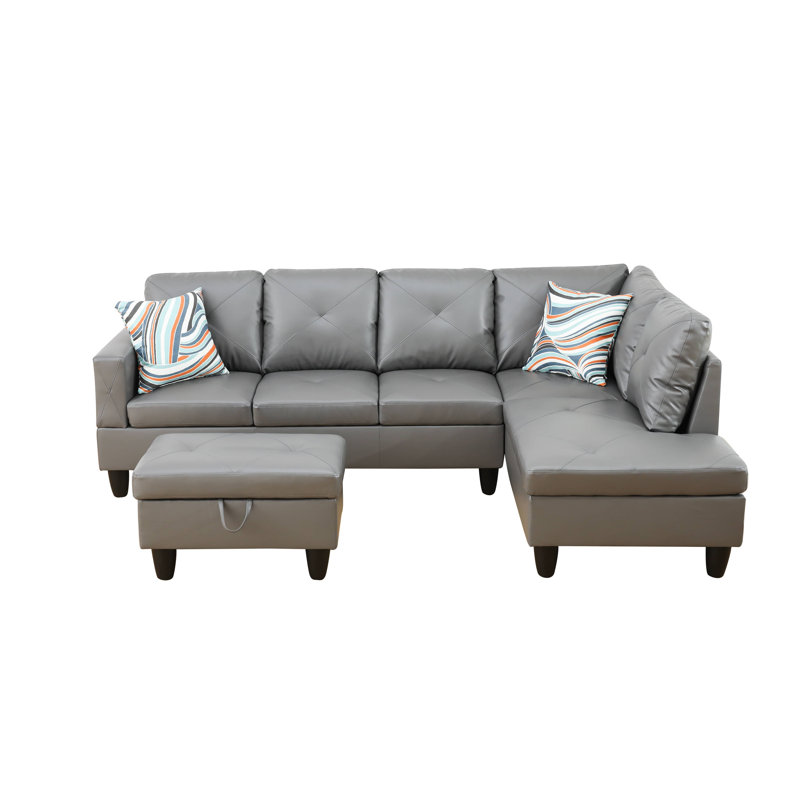 Halid Wide Sofa & Chaise with Ottoman, Right Hand Facing, Faux Leather Beige