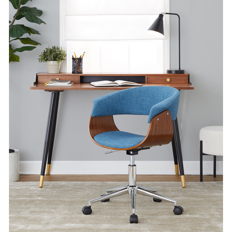 Ronita Swivel Task Chair with Adjustable Height, Chrome/Walnut Wood, Blue