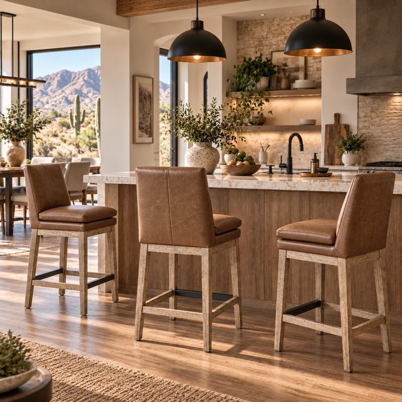 Bethea Genuine Leather Counter Stools, Marseille Saddle, 3