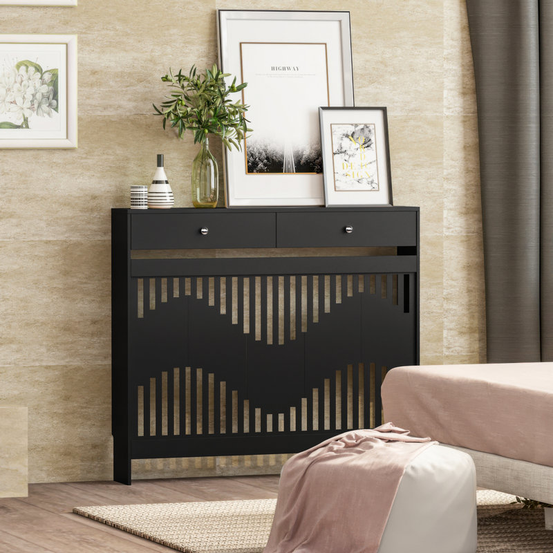 Radiator Cover With Drawers, Modern Mdf Wood Cabinet Shelf Heating Cover For Living Room Bedroom Hallway, Black