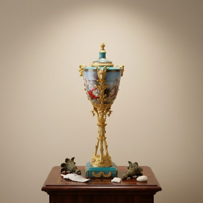 Elegant and Decorative 38 Inch Goat Head Rococo Jar with Teal Porcelain & Bronze for Home Décor