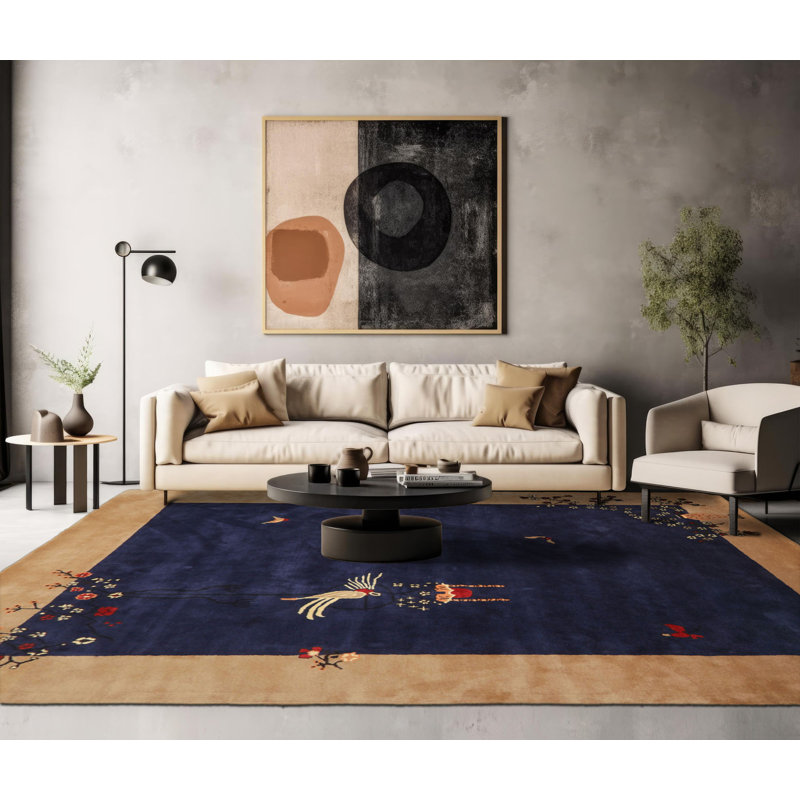 Tapis bleu marine Vase touffeté à la main bleu marine Art Déco, Rectangle 10 pi x 14 pi