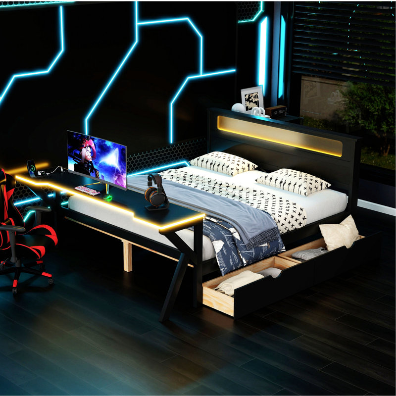 Lit plateforme en bois avec tête de lit à DEL, bureau à DEL, USB et deux tiroirs de rangement, Lit double