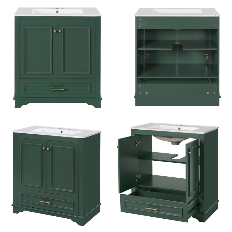  30" Wide Freestanding Bathroom Vanity with Ceramic Sink Top - Solid Wood Frame - Elegant Carved Pattern Doors with Soft Close Hinges - Versatile Storage Cabinet