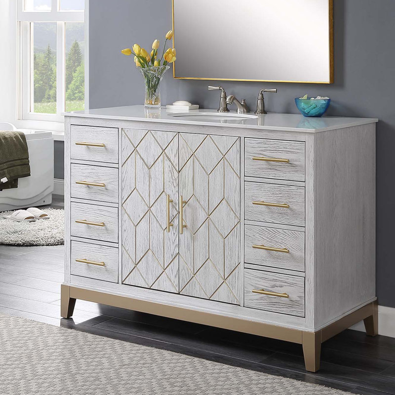 Charice 48 po X P 22 po D Meuble-lavabo gris brossé avec comptoir en marbre blanc et lavabo blanc
