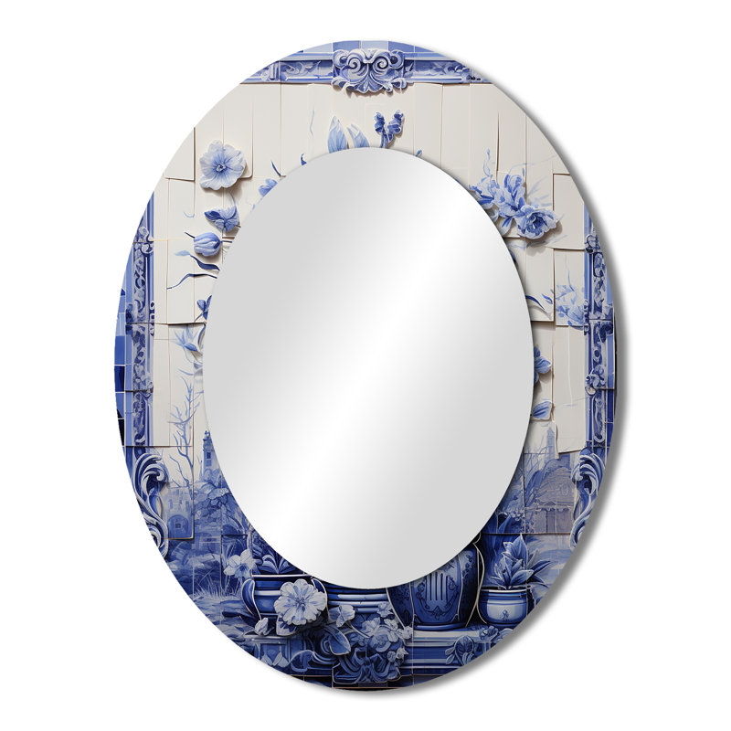 Miroir mural bleu et blanc Boho Flower Pottery II - Blue Bohemian, H 43 po x l 33 po