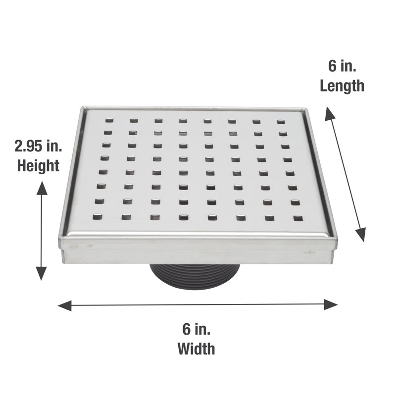 Drain de douche carré 6 po avec grille à motif de grille compacte, Chrome poli