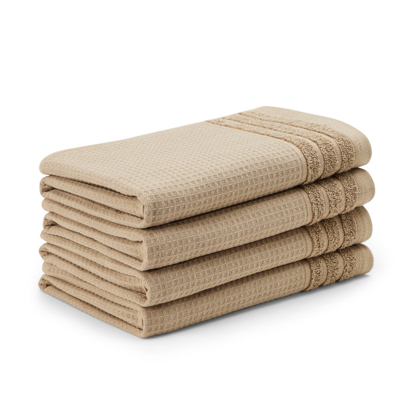 TOWN & COUNTRY BASICS 4-Piece Waffle Woven Terry Stripe Hand Towel Set, 20x30-Inch, 100% Cotton, Quick Dry, Taupe