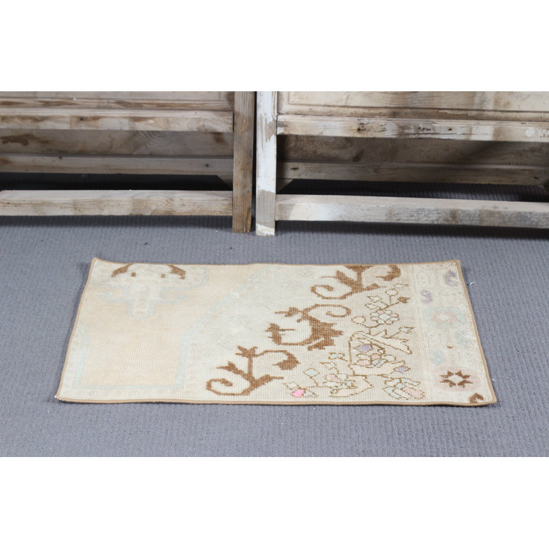 Vintage Turkish Small Rug in Oushak Style for Entry in Rustic Brown with Floral Nomadic Artistic Wool Decor