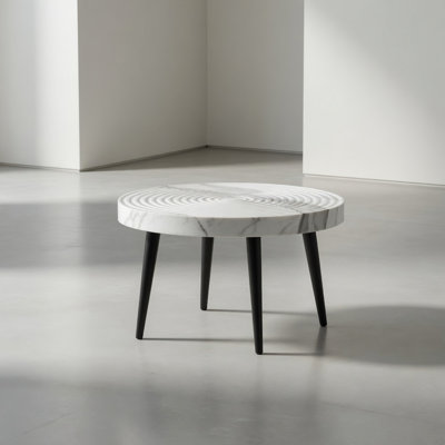 Elegant White Marble Pattern Round Coffee Table - Diameter 23.6 Inches, Exquisite Suction Molding Process,White Marble Pattern Design,Black Sprayed Metal Leg.