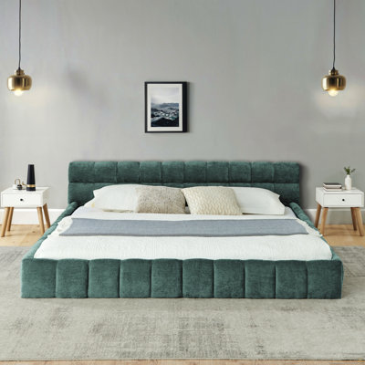 California King size Upholstered Bed Frame with Thick Fabric, Chenille Fabric Grounded California King Platform Bed with Headboard and Solid Frame. No Box Spring Needed