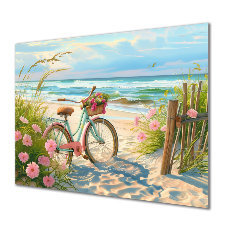 Vélo bleu sur le sentier côtier floral I - impression d'art mural côtier, H 16 po x l 32 po x P 1 po, Métal métal
