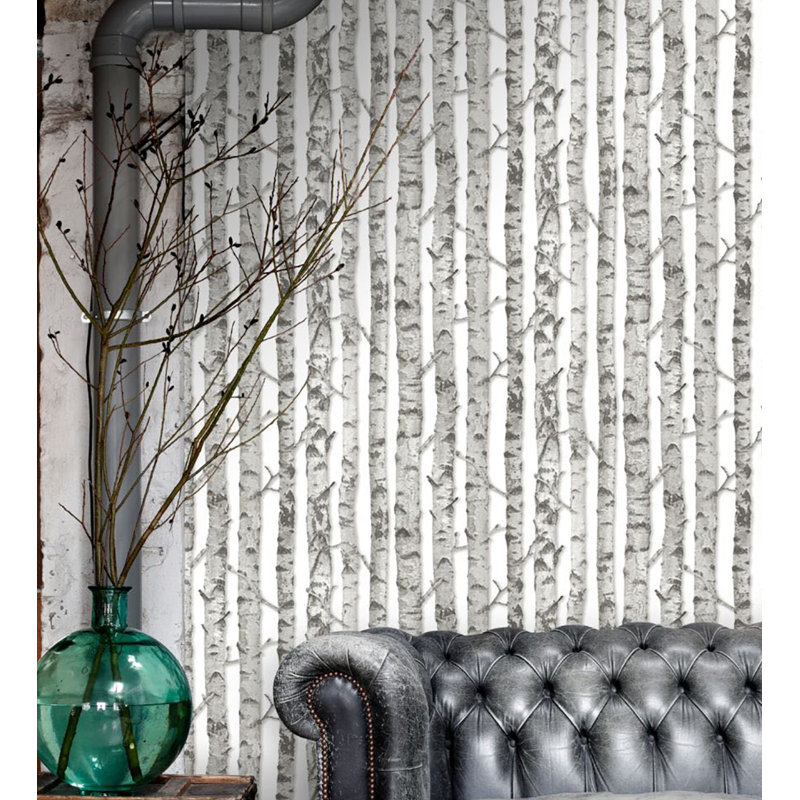 Rouleau de papier peint bouleau L 33 pi x l 20,5 po Kaori, Gris clair / Blanc