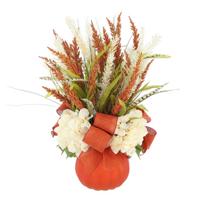 Fall Arrangement with Hydrangea and Wheat in Pumpkin Glass