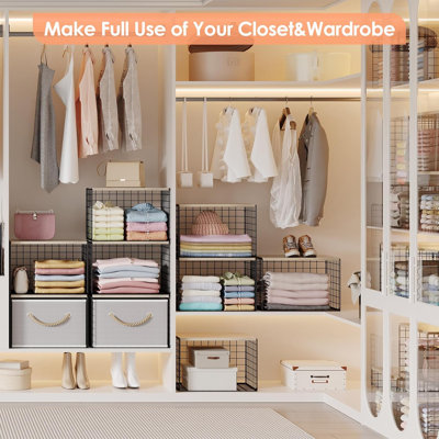 5-Tier Large Stackable Closet Organizer and Storage Basket, Sturdy Closet Shelf Organizer with Wood Top, Stackable Storage Bins Cubes for Clothes with
