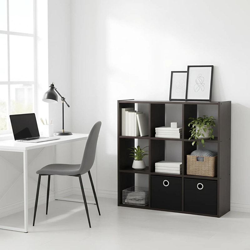 Simplistic 9-Cube Organizer Espresso and Black with Bins Cube Storage Living Room Organized, Espresso/Black