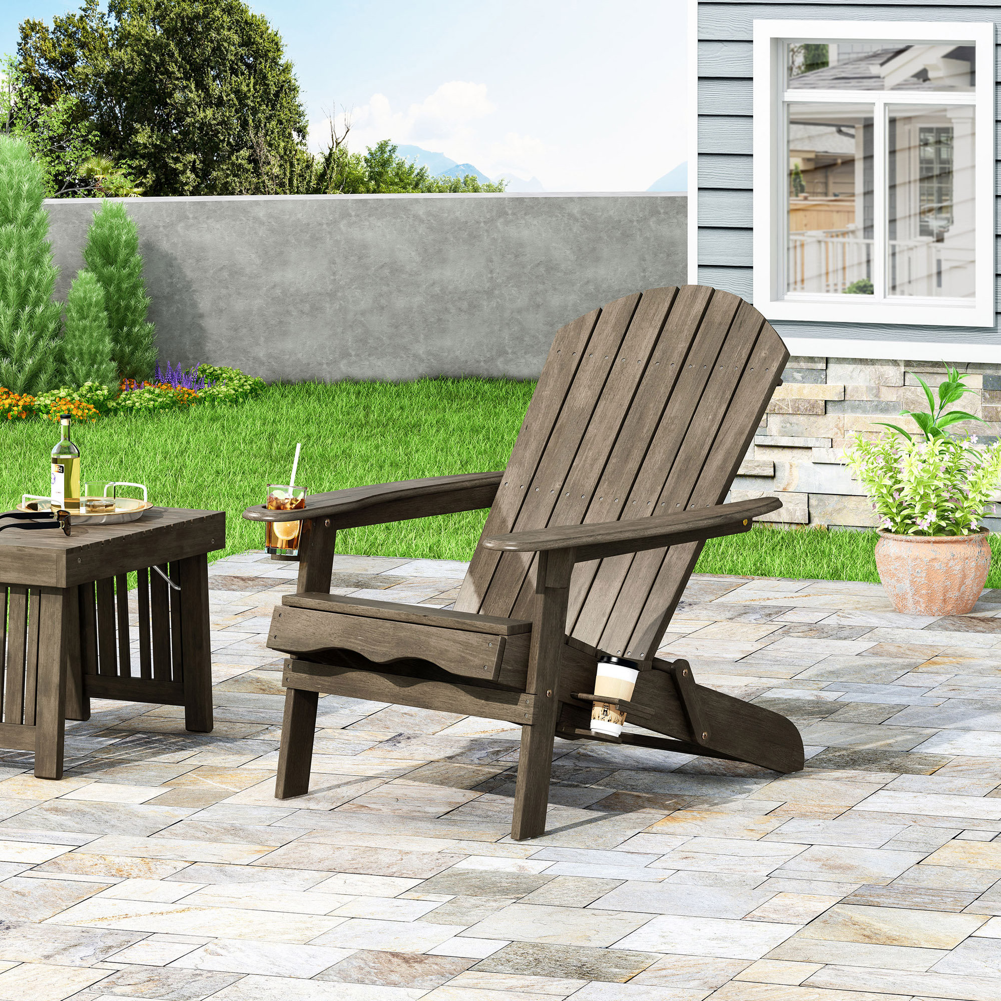 Teigan Solid Wood Folding Adirondack Chair, Gray