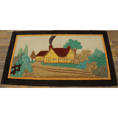 Antique Artistic American Folk Art Scenic Cabin Design Hooked Rug