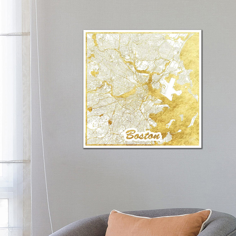 Boston Gold Leaf Urban Blueprint Map by Hubert Roguski - Wrapped Canvas Print, 66.04 cm H x 66.04 cm W x 3.175 cm D