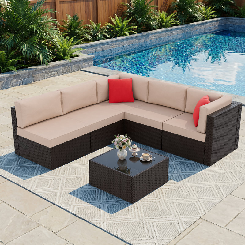 6 Piece Wicker / Rattan Outdoor Sectional Seating Group with Cushions, Brown