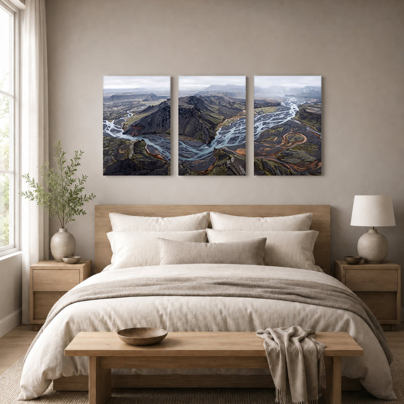 Ensemble de 3 toiles volcaniques foncées et rivières glaciaires tressées, 30"H x 20"W x 3pcs