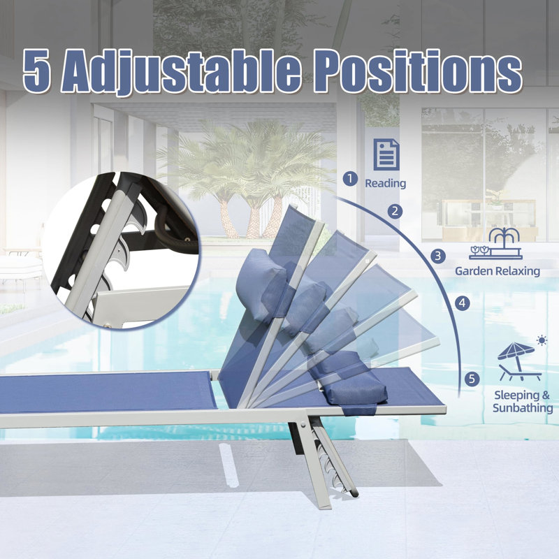 Chaise longue de patio pour 3 personnes: chaises de piscine en aluminium bleu marine avec table d'appoint. Extérieur réglable pour la plage, la cour, le balcon. Construction, table respirante en bleu marine. Rouille - Structure confortable
