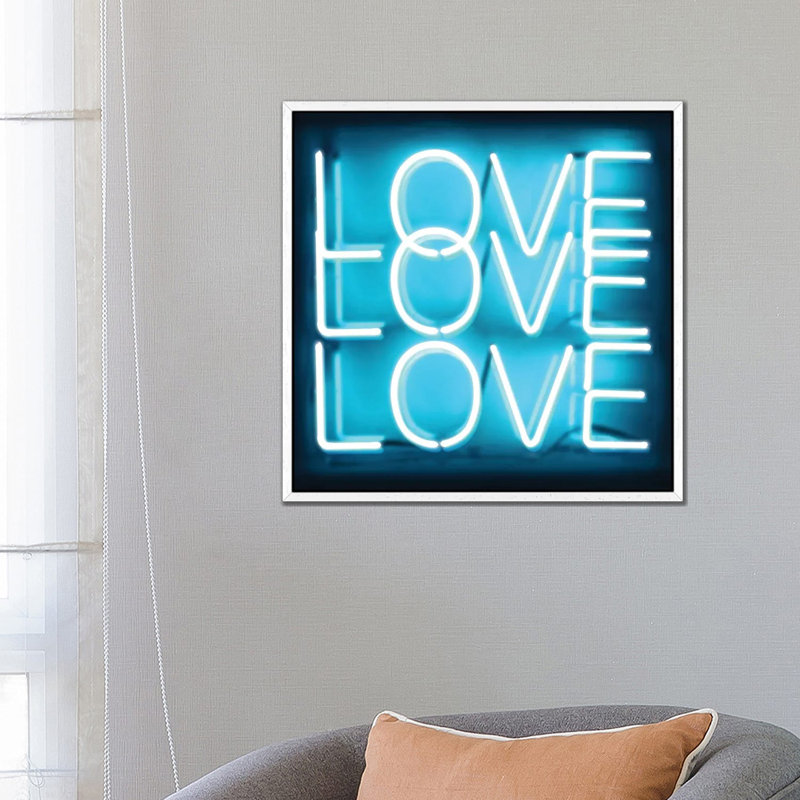 Neon Love Love Love Aqua On Black by Hailey Carr - Print on Canvas, White Framed, 66.04 cm H x 66.04 cm W