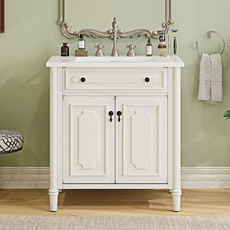 Meuble-lavabo vintage avec lavabo, armoire de salle de bain rustique avec portes à fermeture douce et tablette réglable
