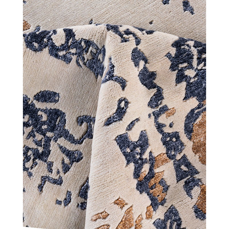 Ivory and Blue Hand-Knotted Wool and Silk Area Rug