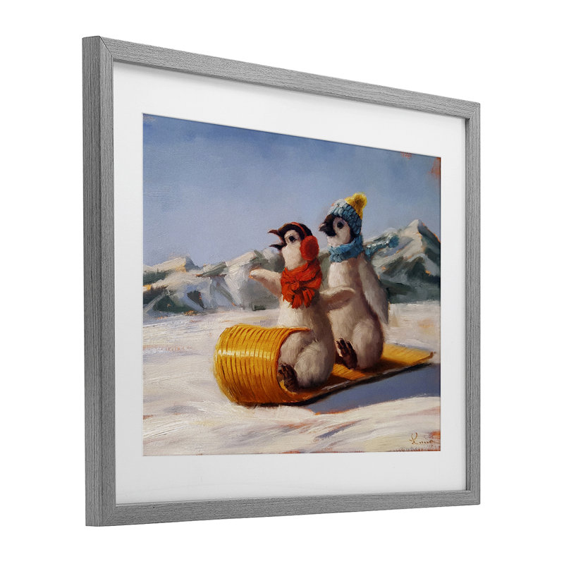 «Toboggan Sleigh Ride Penguins», reproduction encadrée sous verre, conception de Lucia Heffernan, H 17 po x l 21 po