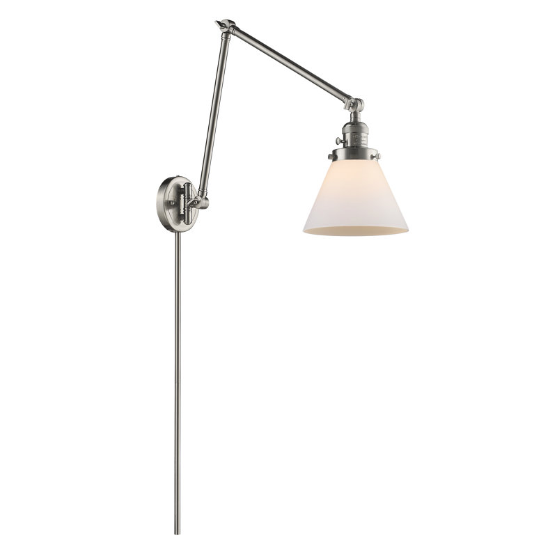 Cone 1 Light Swing Arm, Brushed Satin Nickel, Matte White Cased, 60 Watt Vintage Incandescent Bulb