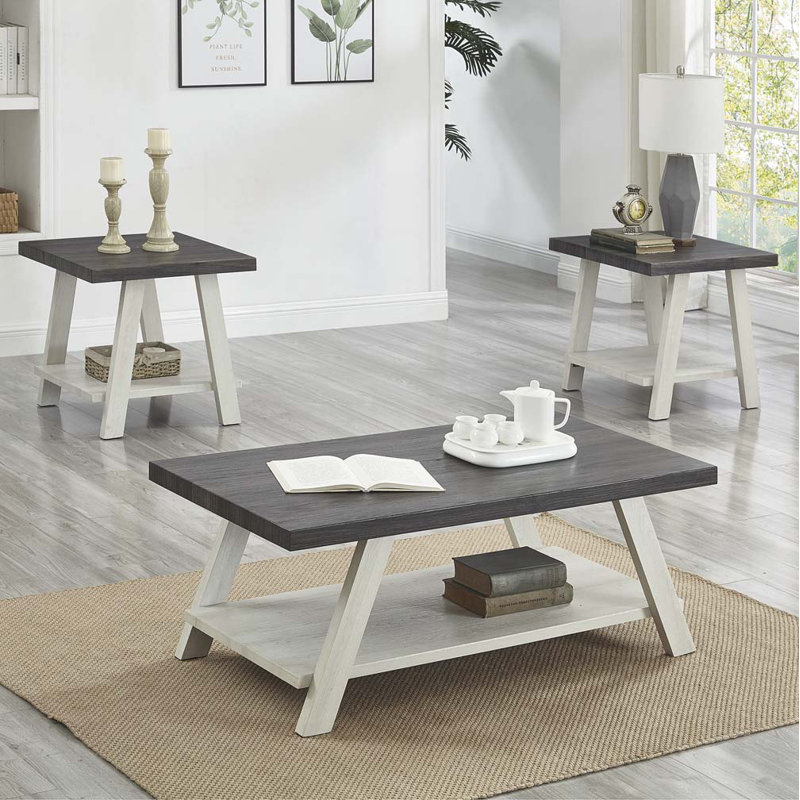 Ensemble de tables basses avec plateau en bois et 4 pieds, Noir, Blanc