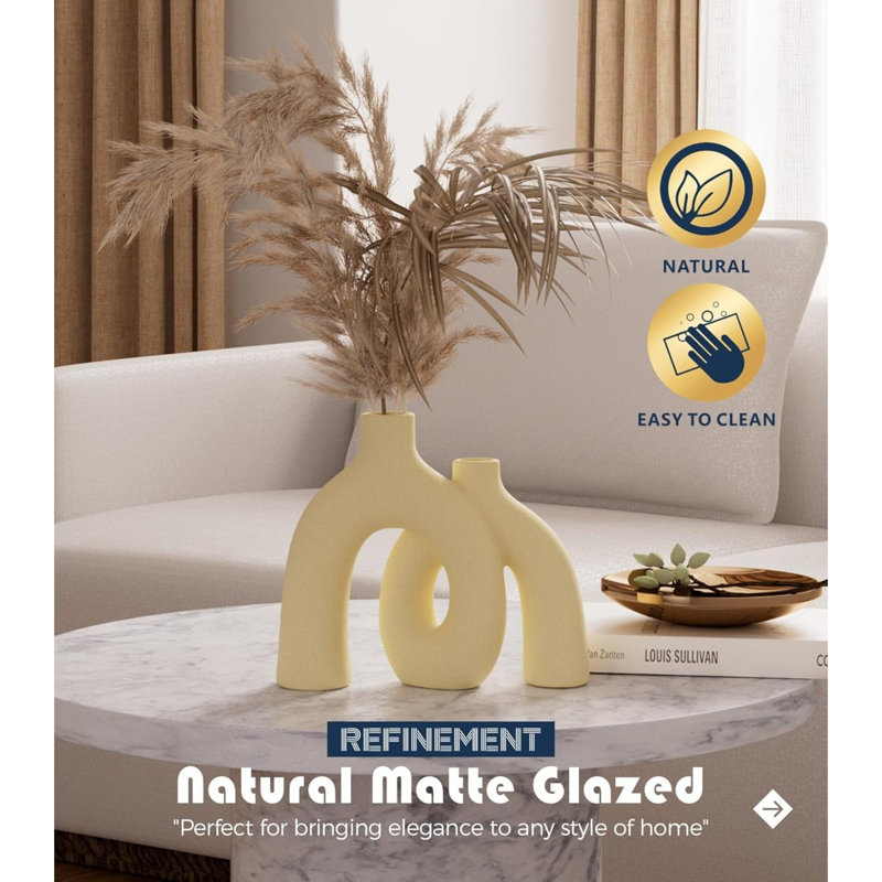 Ensemble de vases Hug Donut - Vase beige, vases de style bohème nordique moderne, décorations en céramique mates pour étagère de salon, table d'entrée de cheminée ou console de console (beige)