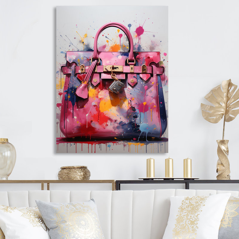 Popart rose sac glamour - décoration murale mode en métal, H 20 po x l 12 po x P 1 po