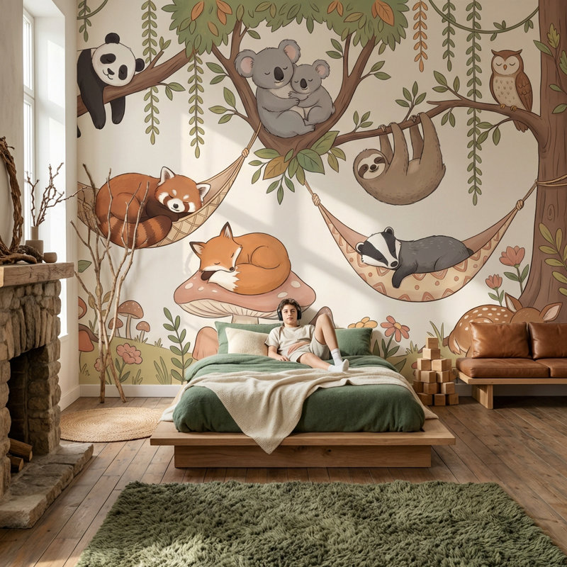 Murale forêt fantaisiste avec papier peint forêt, 120" x 96", Non tissé non collé