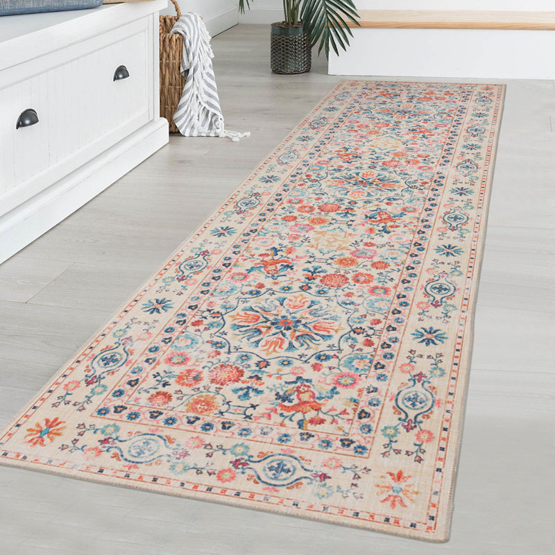 Piny Washable Traditional  Floral Art Foldable Non Slip Rugs Pink/ink/Multi, Runner 2'6" x 9'