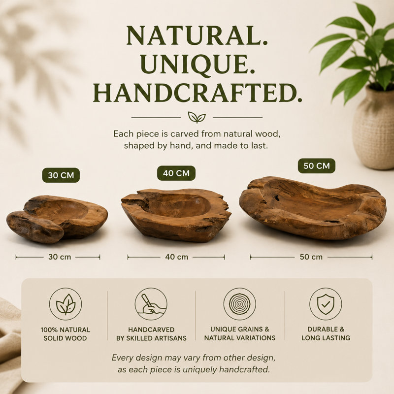 Modern Handcrafted Teak Fruit Bowl Wooden Serving Bowl, Natural Decorative Fruit Bowl, Small 30cm