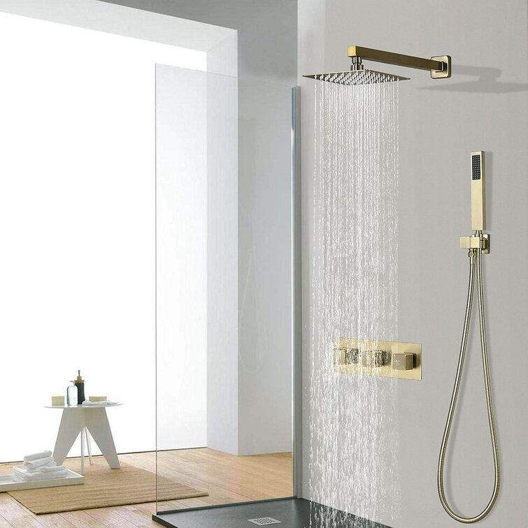 Polished Gold Bathroom Shower Set Mixer Tap 8 Square Head Top Spray Hand  Shower