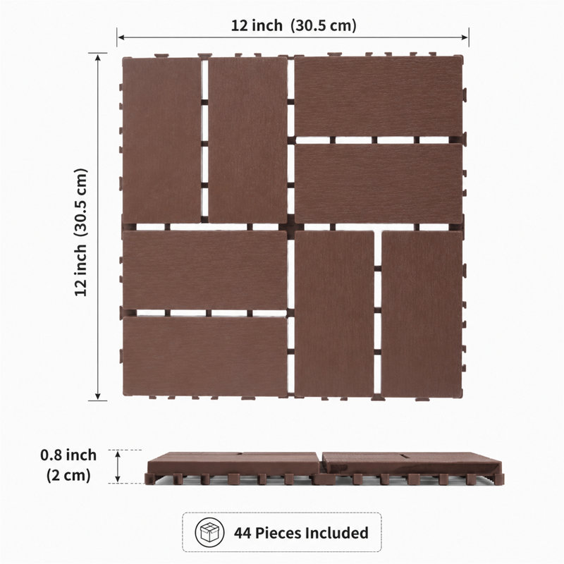 Lot de 44 dalles de terrasse emboîtables en plastique brun de 30 x 30 cm, revêtement de sol imperméable et résistant aux intempéries pour jardin, piscine et balcon.