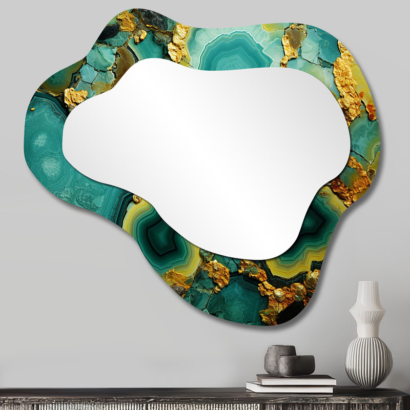 Pierre dorée Amazonite verte - miroir géométrique en nuage de pierre, miroir mural asymétrique vert unique, impression d'art en métal