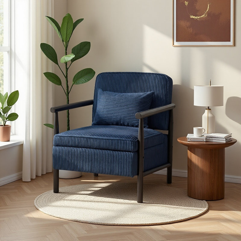 Chaise d'appoint Mid-Century moderne avec cadre en bois et coussin de taille, Bleu, Noir