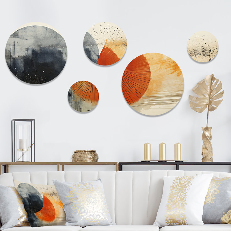 Éclipse solaire noire et orange - ensemble abstrait d'art mural rond de 5