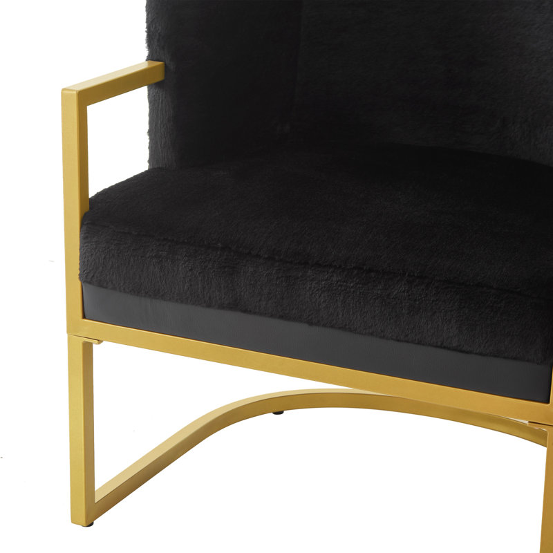 Fauteuil d'appoint luxueux noir, fausse fourrure de lapin, structure dorée moderne
