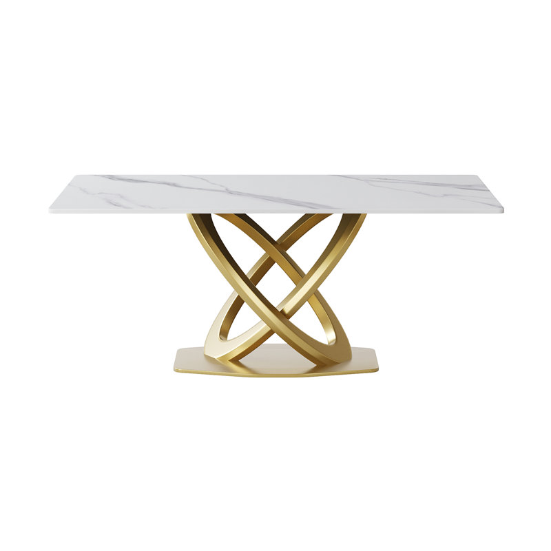 Table de salle à manger en pierre artificielle, 69,46 po rectangulaire, blanc, double pieds en acier inoxydable, peut accueillir 6 à 8 personnes, feu, stable et construction