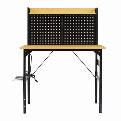 48"Adjustable Workbench With Pegboard, Heavy Duty Wooden Desktop Workbench With Wheels, 1600 Lb. Load Capacity, Rolling Workbench With AC/USB Outlet, Hooks, Shelf, For Garage, Workshop, Office, Home