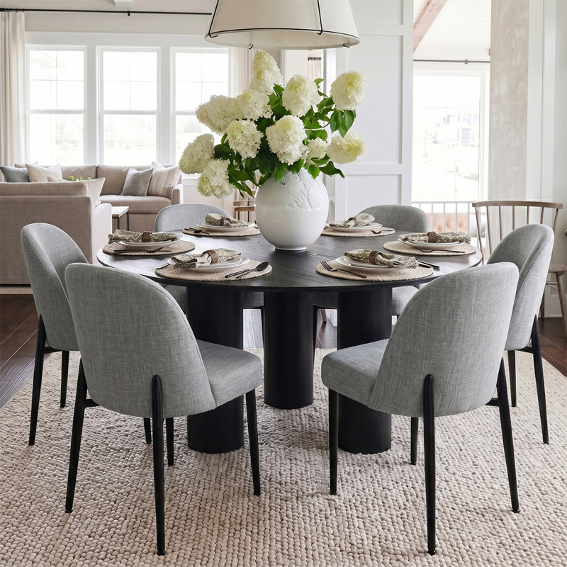 Modern 7-Piece Round Dining Set With Multi-Pedestal Base Table And Upholstered Side Chairs, Gray