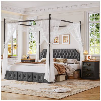 Ensemble de chambre à coucher 3 pièces, lit à baldaquin en métal, gris